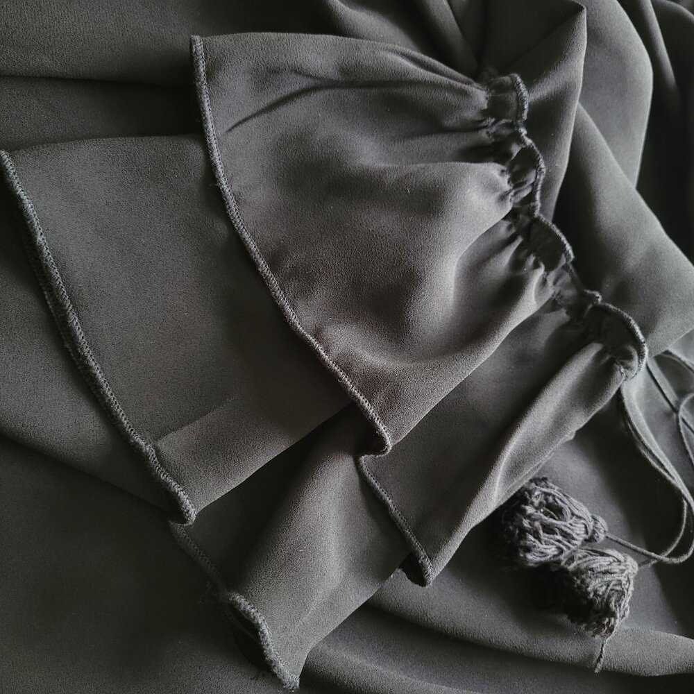 Black Ruffle Blouse with neck tassel detailing - Size L